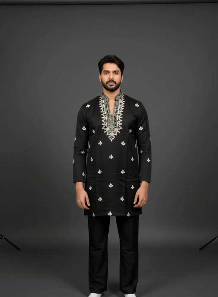 Lehar Men’s Black Hand-Embroidered Kurta Set with Intricate Thread Work Detailing